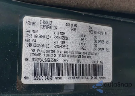 1998 Chrysler Town & Country Lxi из США, поврежденный, VIN 1C4GP64L9WB665462